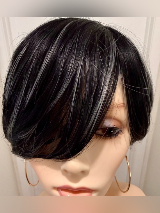 Other - HAIR, Pixie with Nails, Long Bangs, Spiral Crown, Black with Silver highlights